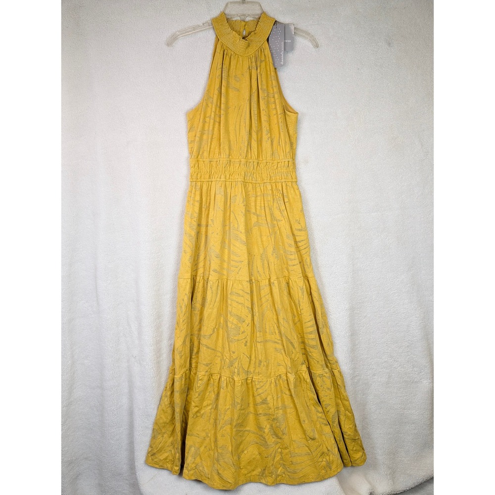 Daniel Rainn Yellow Tropical Palm Leaf Smocked Halter Maxi Dress Size 8